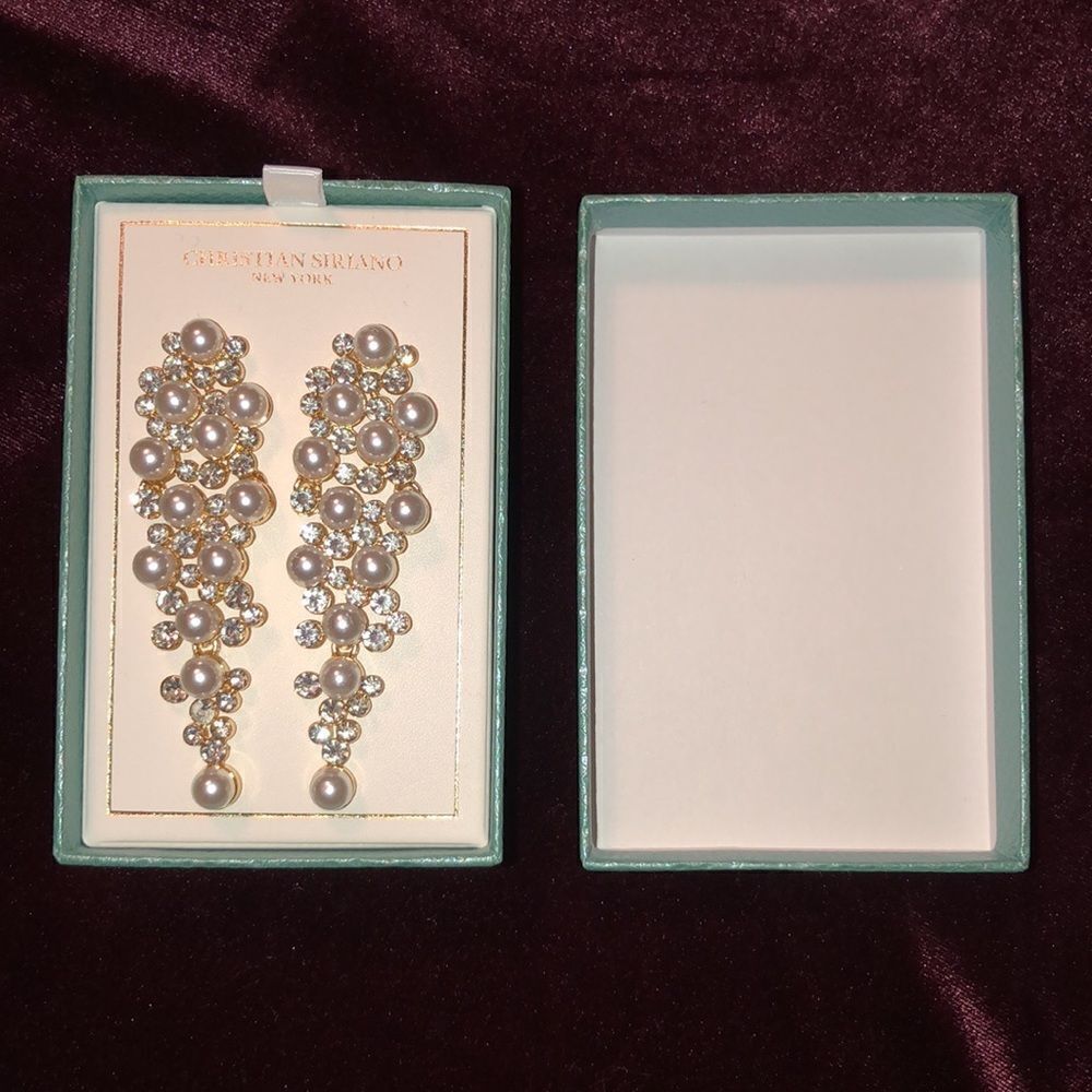 Christian Siriano NY Faux Pearl & Jewels Gold Tone Dangling Earrings - Picture 6 of 10